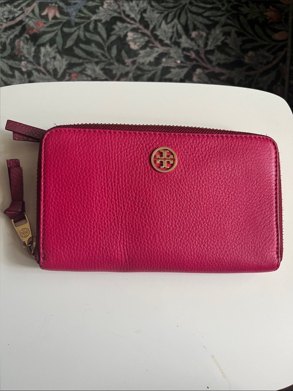 Tory Burch Hot Pink Zip-Around Pebbled Leather Wallet with Logo
